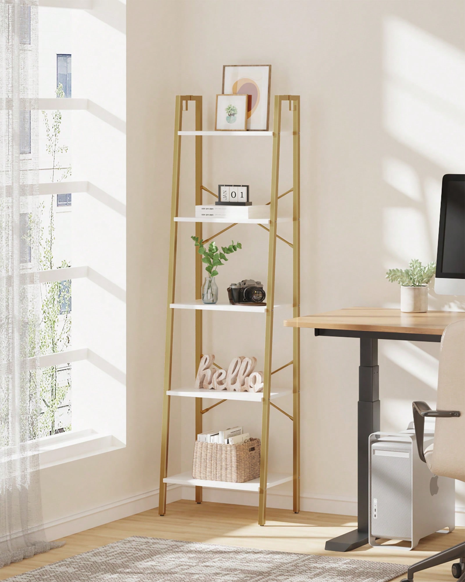 Bookshelf 5 Tier - 5-ярусный стеллаж-лестница в современном стиле, бело-золотой,
